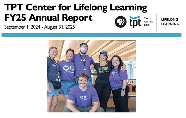 Group photo of six smiling TPT Center for Lifelong Learning staff members, five standing and one seated, all wearing TPT-branded shirts, inside a modern indoor space.